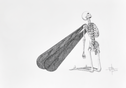 Ink drawing of a human skeleton with delicate insect wings, kneeling and looking upward. Minimalist surrealist style.
