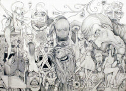 Graphite drawing by Frederik Bovbjerg featuring surreal, distorted human figures and grotesque faces in a dense composition.