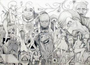 Graphite drawing by Frederik Bovbjerg featuring surreal, distorted human figures and grotesque faces in a dense composition.