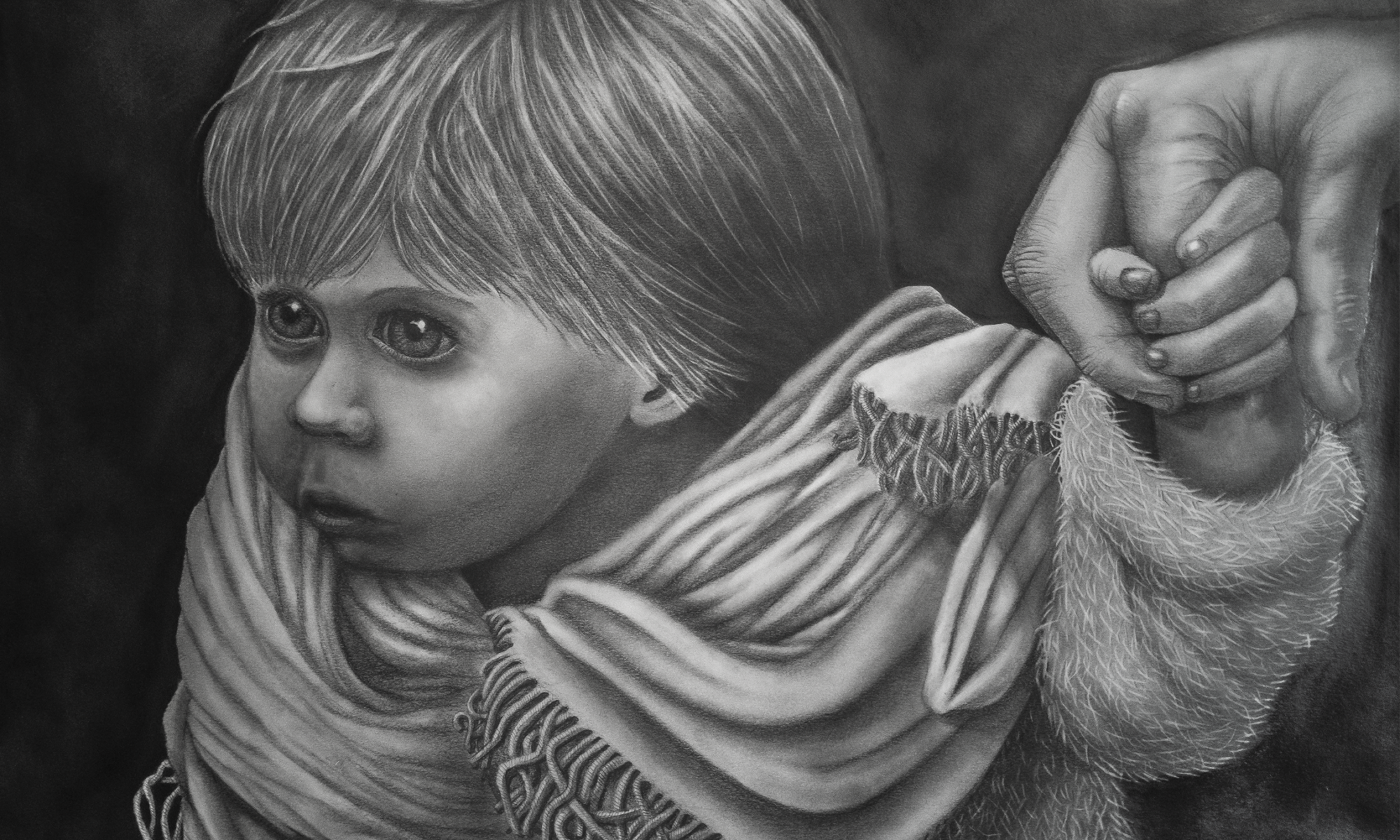 A graphite drawing of a small child in a fringed scarf holding an adult hand against a dark background.
