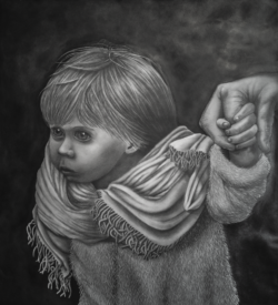 A graphite drawing of a small child in a fringed scarf holding an adult hand against a dark background.