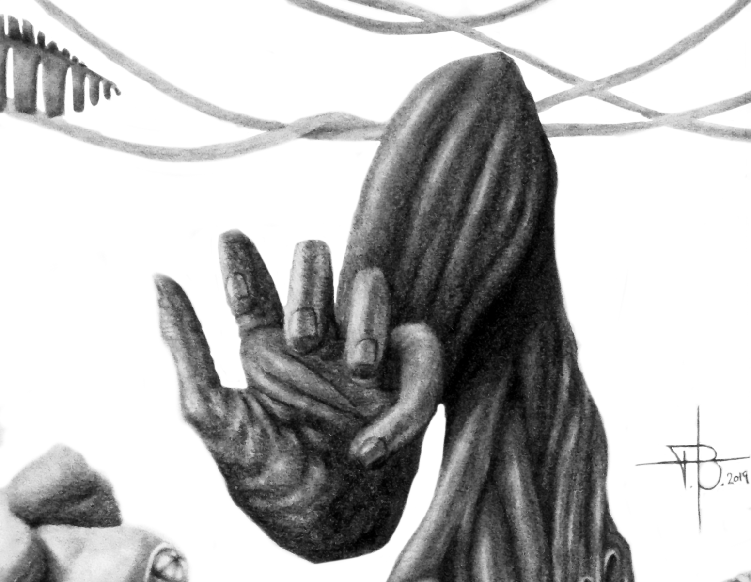 Graphite pencil drawing of a human hand emerging from surreal organic forms with eye-like structures and hanging leaves.