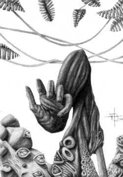 Graphite pencil drawing of a human hand emerging from surreal organic forms with eye-like structures and hanging leaves.