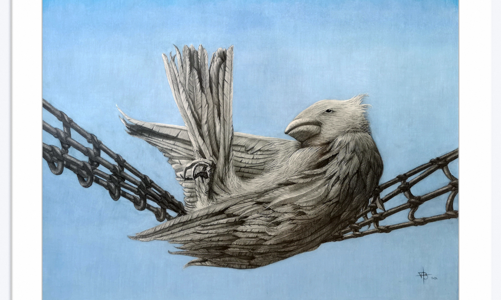 A detailed drawing of a bird perched on a suspended metal chain against a solid light blue background.