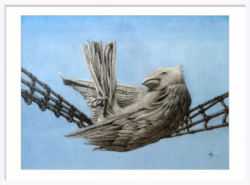A detailed drawing of a bird perched on a suspended metal chain against a solid light blue background.