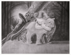 A graphite drawing of a young girl with a flower in her hair tenderly embracing a lamb against a large tree trunk.