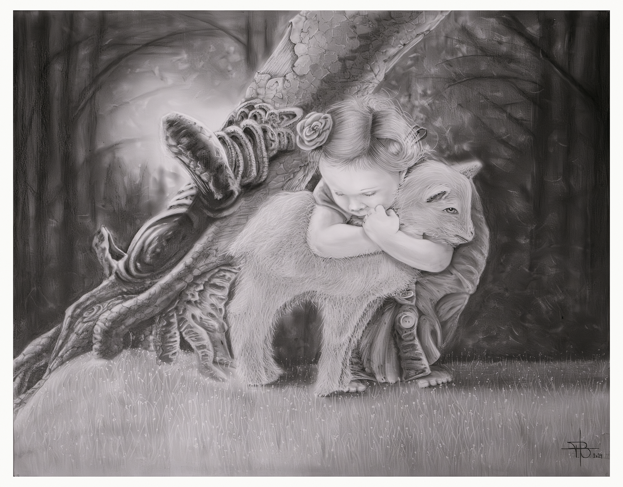 A graphite drawing of a young girl with a flower in her hair tenderly embracing a lamb against a large tree trunk.