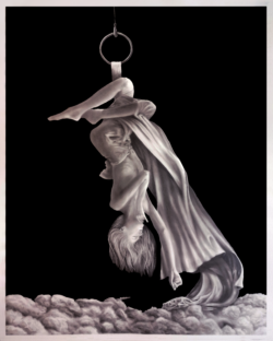 A graphite drawing of a figure suspended upside down from a ring above soft clouds against black background.