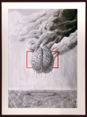 Graphite drawing of a melting human brain encased in a red rectangular frame surrounded by heavy dark storm clouds.