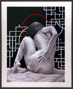 Graphite drawing of a seated nude figure against a black geometric background with a red circle halo.