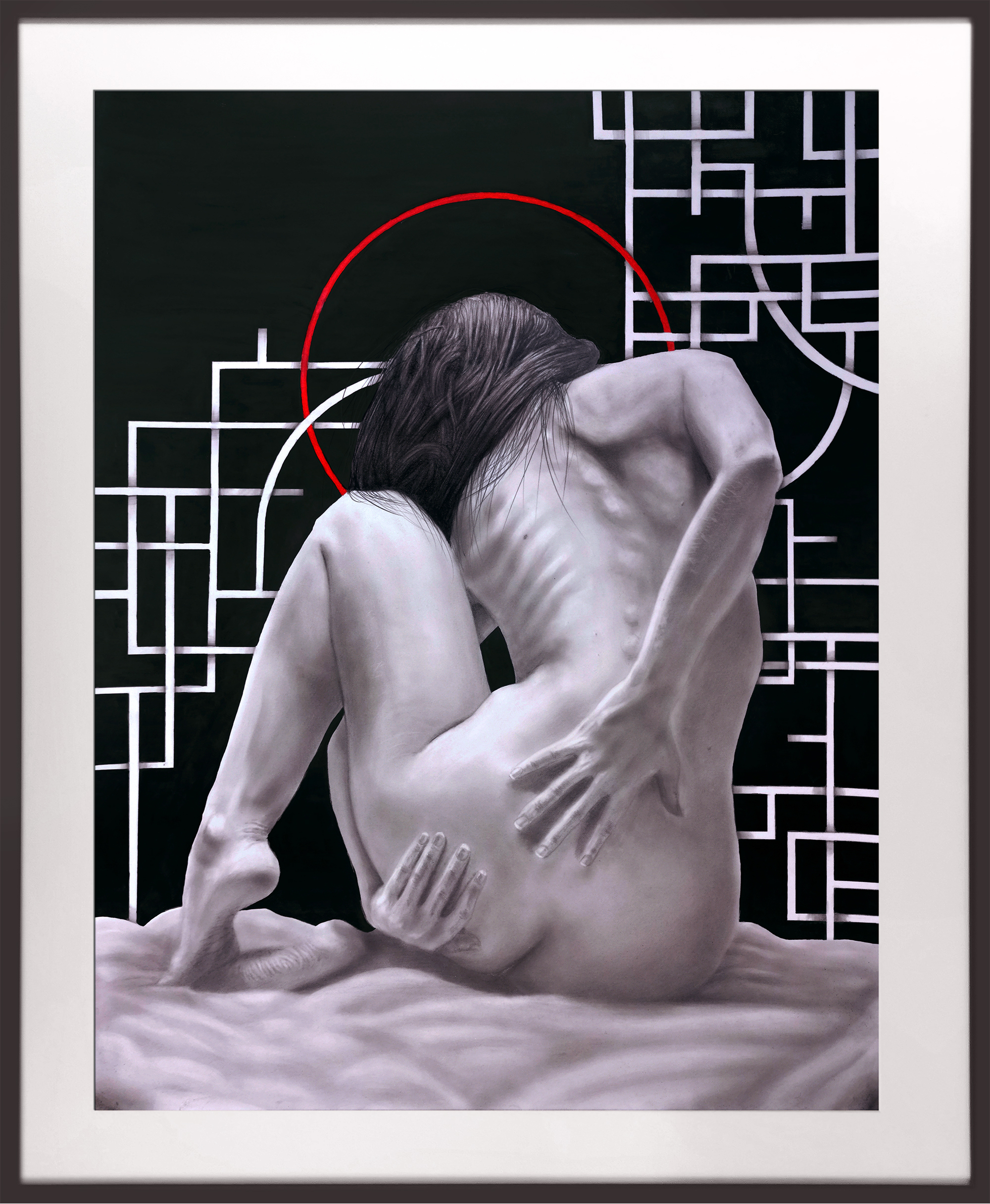 Graphite drawing of a seated nude figure against a black geometric background with a red circle halo.