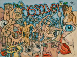 Surrealist colored pencil illustration featuring contorted human figures, floating eyes, and the text DISSOLVE.