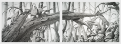 A graphite drawing diptych featuring hyper-detailed human hands interacting with a fallen tree trunk in a birch forest.