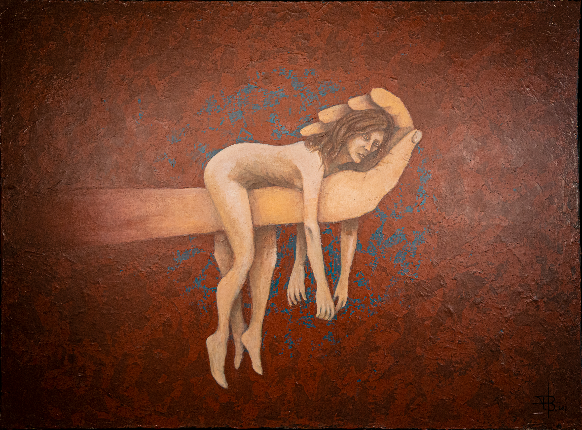 A surreal acrylic painting showing a woman resting in a giant hand against a textured, deep red background.