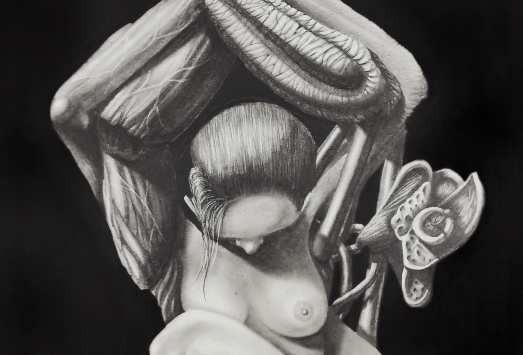 Graphite drawing of a kneeling nude figure supporting an oversized organic womb form, dark surrealism by Frederik Bovbjerg.