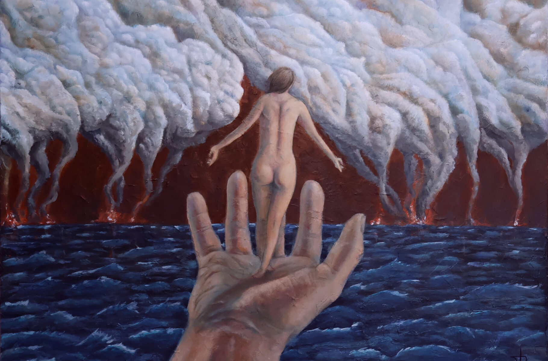 Painting of a giant hand over the ocean supporting a woman standing before rising plumes of smoke.