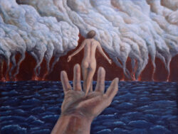 Painting of a giant hand over the ocean supporting a woman standing before rising plumes of smoke.