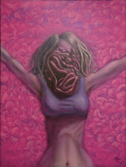 Surreal painting of a figure with an abstract organic mass for a face, surrounded by a vibrant pink textured field.