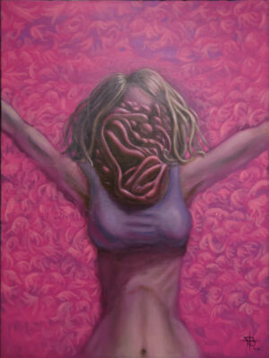 Surreal painting of a figure with an abstract organic mass for a face, surrounded by a vibrant pink textured field.